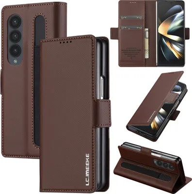 Image de Etui magnétique en cuir pour Samsung Galaxy Z Fold4 5G, avec fente pour cartes et fonction stand Marron
