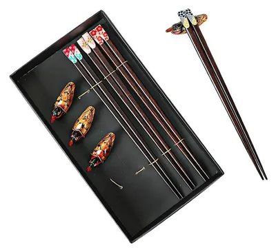 Immagine prodotto di Set di bacchette in legno nero, 4 paia, lunghezza 22,9 cm, con 4 supporti