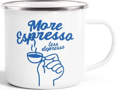 Produktbild von Emaille Tasse mit Kaffee Spruch – More Espresso less Depresso – Camping- & Outdoor-Tasse für Koffeinjunkies Moonworks®