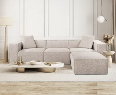 Immagine prodotto di Hanah Home, divano ad angolo Mocha, 303 x 193 x 65 cm | Struttura 100% carpino, rivestimento 100% lino, imbottitura in schiuma 32 DNS | 2 cuscini inclusi, design elegante per un arredamento moderno.