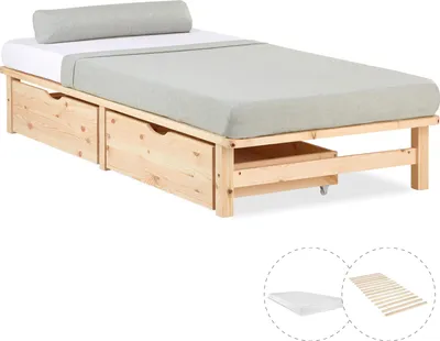 Obrázek produktu pro Holzbett 90x200 mit Matratze Bettkasten 2er Set Holzbettrahmen Palettenbett Einzelbett Bett Massiv Holz