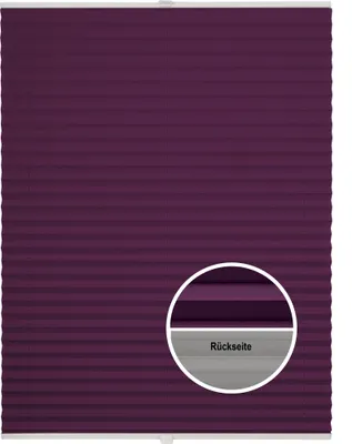 A purple pleated blind is shown against a white background. A circular inset highlights a close-up of the pleats and shows the text 'Rückseite' (German for 'back side').