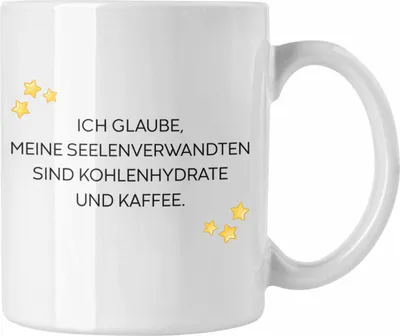 Produktbild von Trendation - Lustige Tasse mit Spruch für Frauen Männer Arbeit Büro Lustig Tassen Becher mit Sprüchen Kollegin Geschenk Sarkasmus Kohlenhydrathe und Kaffee (Weiß)