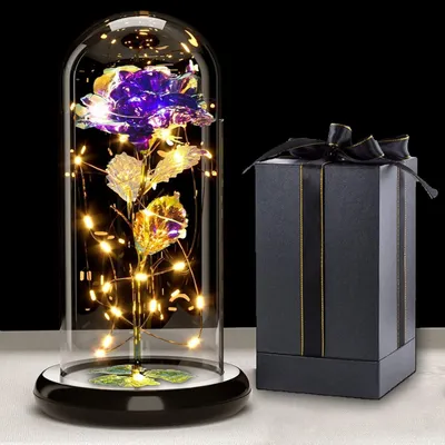 Productafbeelding van Galaxy Rose met LED-verlichting in glazen bol, een eeuwigdurende bloem als cadeau voor vrouwen, voor Moederdag, verjaardag, in de kleur paars