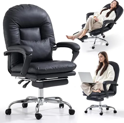 Image de Chaise de bureau avec repose-pieds et roulettes, fauteuil de direction ergonomique en similicuir pour bureau