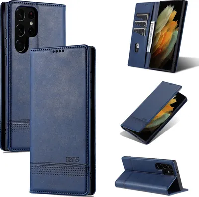 Immagine prodotto di Custodia in pelle per Samsung Galaxy S24 Ultra, custodia pieghevole a portafoglio con chiusura magnetica e supporto blu