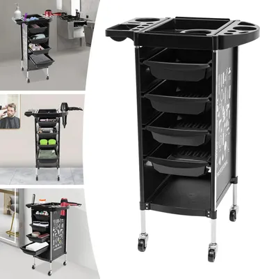 Obrázek produktu pro Kadeřnický vozík - pojízdný vozík - 4 zásuvky - kovový rám - ABS - velká kapacita - odolný - černý