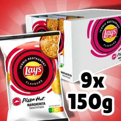 Produktbild von 9x Lay's Pizza Hut Margherita 150 g – Knusprige Kartoffelchips mit Pizza-Margherita-Geschmack – 1.350 g Gesamt + Heartforcards Versandschutz