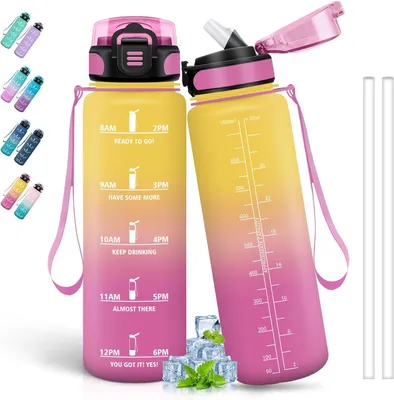 Produktbild von Trinkflasche 1 Liter, Auslaufsicher, Mit Strohhalm, Hydrationszeitpläne, Für Sport