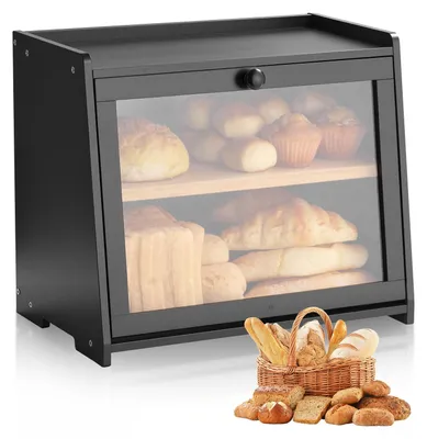 Produktbild von VEVOR Eck-Brotbox für die Küchenarbeitsplatte, doppelschichtige große Kapazität Bambus-Brotlagerbehälter, Bauernhaus-Holzbrotbox für hausgemachtes Brot, Aufbewahrungsbehälter mit akryl-welligem Tür, natürlich, Schwarz, Doppeldecker-b