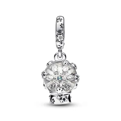 A silver charm shaped like a snow globe with snowflakes inside, hanging from a bail.