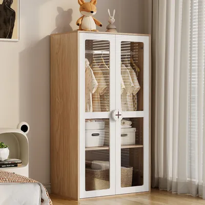 Produktbild von okwish 2er Kinderkleiderschrank mit zweitüriger Glas-Tür und Kleiderstange,Schlafzimmerschrank mit Keks-Form-Holzgriffen und verschiebbaren Regalen,weiß+natürliches Holz