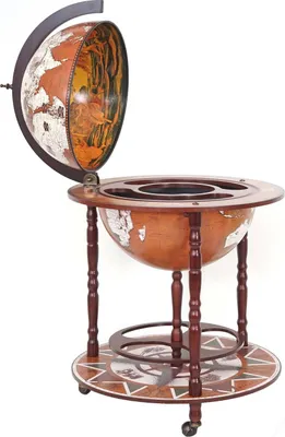 A globe bar with the top open, revealing an interior illustration and storage compartments.