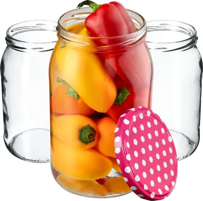 Productafbeelding van KADAX Inmaakpotten Simo 900 ml, 48 stuks, 82 mm diameter + deksels, "Roze Erwtjes" design