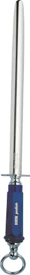 A sharpening steel with a blue handle and a silver shaft, shown against a white background.