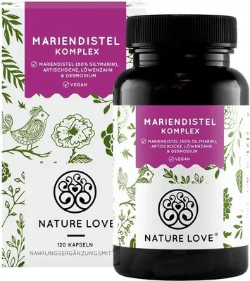 Produktbild von Nature Love® Mariendistel, Artischockenextrakt, Löwenzahn & Desmodium 4-fach Komplex | 120 Kapseln | hochdosiert mit 80% Silymarin | vegan