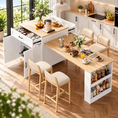 Zdjęcie produktu dla Rozkładany blat barowy z miejscem do przechowywania, 133-202 cm, wyspa kuchenna z szufladami i półkami, blat kuchenny imitujący marmur, kolor biały