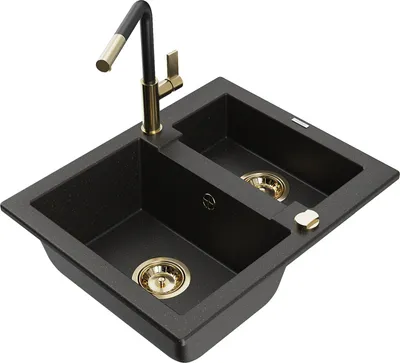 Produktbild von Mexen Carlos 1,5-Becken-Granitspüle mit Mischbatterie Flora, Schwarz/Gold metallisch - 6518-75-670401-57-G