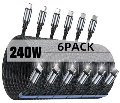 Image de Câble USB-C, charge rapide, nylon résistant, connecteur C-C, 6 pièces, 240W, 1,9 mètre