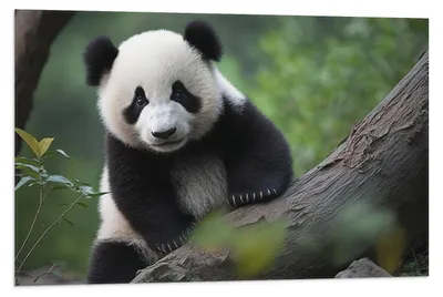 Productafbeelding van Vlag - Aankijkende Panda op Boomstam in het Bos - 90x60 cm Foto op Polyester Vlag