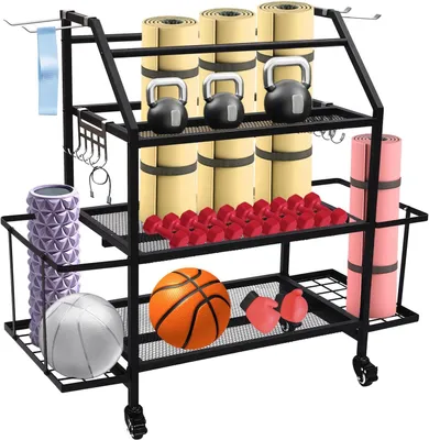 A multi-tiered storage cart filled with various fitness equipment.