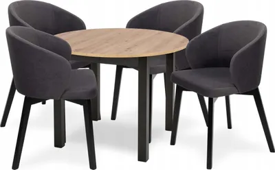 Produktbild von Esstisch mit 4 Stühlen - Runder Ausziehbarer Tisch - 102-142 cm Durchmesser - Aus Holz - 5-teiliges Set - Essgruppe - Sitzgruppe - Schwarze Stühle