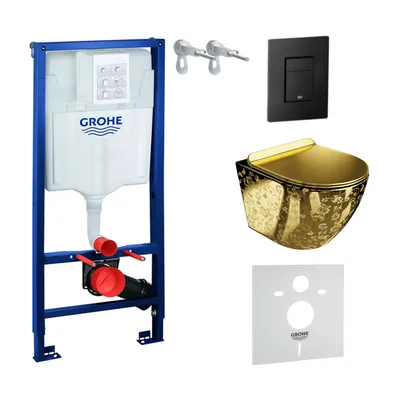 Produktbild von GROHE Vorwandelement Solido + Wand Hänge WC Sofi Slim Golden Eye Gold Spülrandlos + WC-Sitz SoftClose |Schwarzer Knopf | Komplettset | Unterputz Spülkasten |  Toilette Komplett Sett