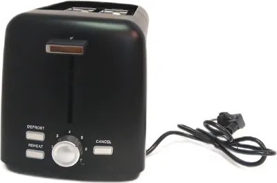 A black two-slice toaster with controls and a power cord.