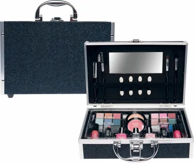 A makeup case is shown open, displaying its contents, with the closed case in the background.