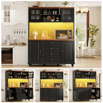 Image de Armoire haute de cuisine noire avec éclairage RGB LED, pieds en bois d'eucalyptus, 4 tiroirs et porte-verres à vin, en MDF, dimensions : 140 x 40 x 179,5 cm