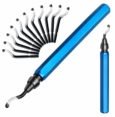 Produktbild von Hand‑Entgrater Werkzeug mit Metallgriff, 12‑tlg Entgrat‑Set mit Wechselklingen, Entgratmesser für Rohre Metall Kunststoff, Kantenbearbeitung