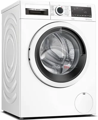 A white Bosch washing machine with a black door and control panel is shown from a three-quarter angle.