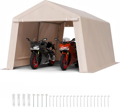 A portable garage tent with two motorcycles inside, shown on a white background.