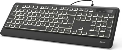 A black Hama keyboard with white backlighting is shown from a diagonal angle against a white background.