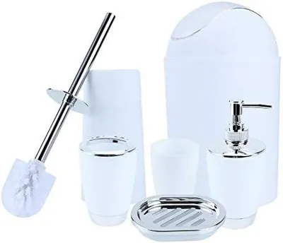 Produktbild von Omgoods – Set mit 6 Badezimmeraccessoires – Zahnbürstenhalter/Becher – Seifenspender/Seifenschale – Toilettenbürste mit Halter – Mülleimer – Hochwertiger Kunststoff – Badezimmeraccessoires