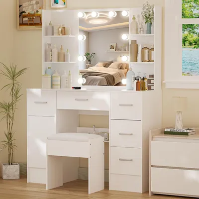 Zdjęcie produktu dla Toaletka Puselo z oświetleniem LED, lustrem, taboretem, 6 szufladami - MDF 100x40x140cm