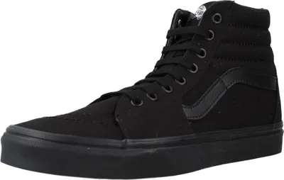 A studio shot of a single black high-top sneaker.