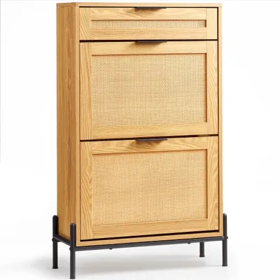 Produktbild von Rattan-Schuhschrank - Schuhkipper mit 2 Klappschubladen und 1 Auszugsschublade - moderner Schuhorganizer - platzsparend - für Flur und Diele