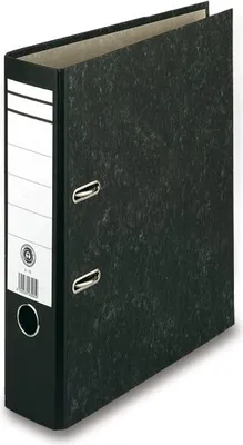 A black binder with labels on the side, shown from a diagonal angle.
