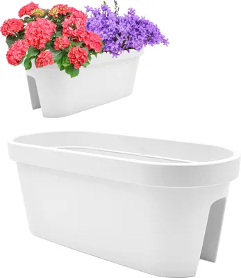 Produktbild von 2er Set Balkon Geländer Blumenkasten, Geländertopf, Balkonkasten, Blumentopf, Blumenkübel, Pflanztopf Railing oval 59x26cm weiß