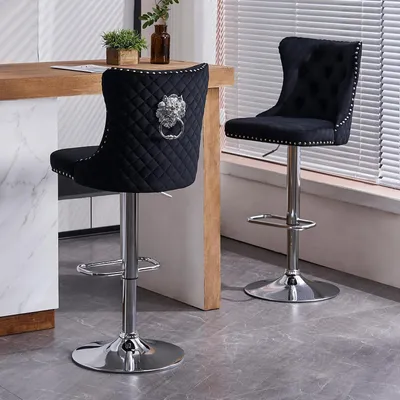 Image de Ensemble de 2 tabourets de bar en velours, réglables en hauteur, avec dossier et pivotants, de couleur noire