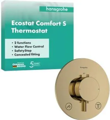 Imagen del producto de Termostato empotrado Ecostat Comfort S de Hansgrohe, para 2 salidas, con acabado dorado pulido