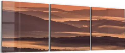 Produktbild von DEQORI Glasbild Echtglas 3x50x50 cm 'Nebelberge im Morgenrot' Wandbilder XXL groß