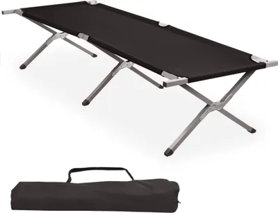 A black camping cot and its carrying bag are shown against a white background.