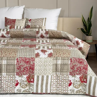 Produktbild von Tagesdecke Zweiseitige Bettüberwurf Allzweckdecke Steppdecke TAVIRA Sofa Bett Decken XXL Beige Rot (3 TLG Set) 180x220cm + 2 Kissenbezüge 40x40 cm