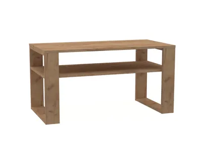 A product shot of a wooden coffee table with a shelf.