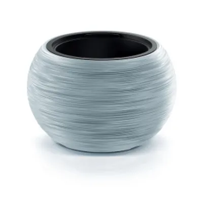 A light gray, spherical planter with a textured surface and a black inner rim, set against a white background.