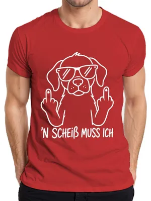 Immagine prodotto di Maglietta da uomo con scritta "N scheiß", immagine di un cane che mostra il dito medio, tono sarcastico, divertente, taglia 3XL, colore rosso