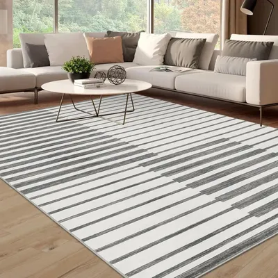 Produktbild von Wohnzimmerteppich - Kurzflor - 200 x 290 cm - Waschbar - Rutschfest - Weich & Flauschig - Gestreiftes Muster - 100% Polyester - Gelb
