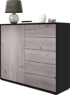 Produktbild von Vladon Sideboard Ben V2,  Germany, Kommode mit 1 Tür und 5 Schubladen, Schwarz matt/Eiche Nordic (79 x 74 x 36 cm)